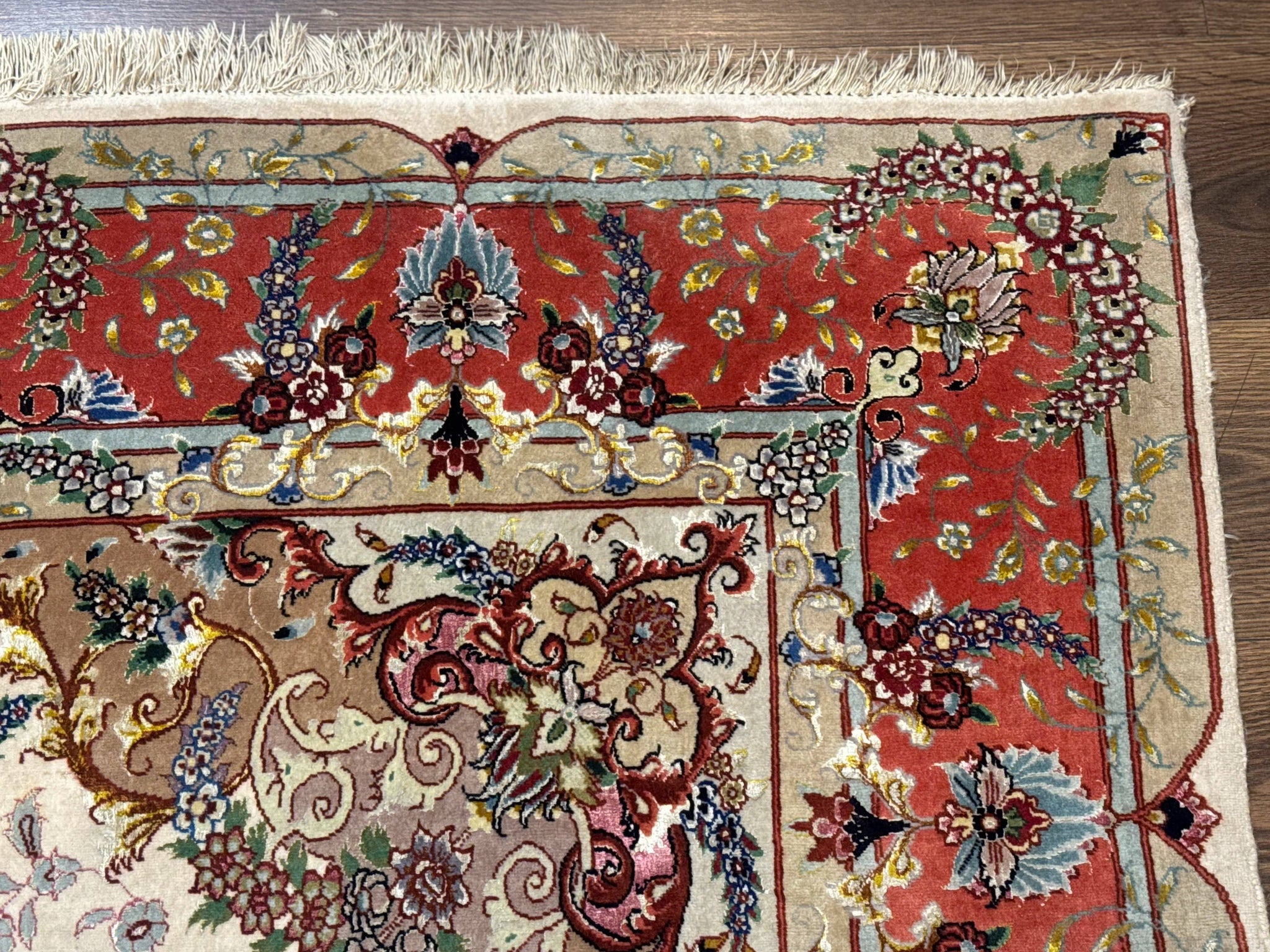 Wonderful Persian Tabriz Rug 5x7, Very Fine 440 KPSI, Ivory and Coral, Rare by Jewel Rugs