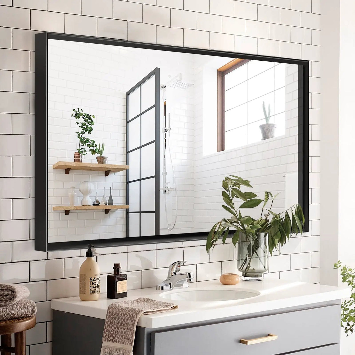 Rectangular Bathroom Mirror Square Angle Metal Frame Wall Mounted Hanging Plates Wall Mount Mirror For Bathroom (Horizontal & Vertical) by Unique Piece Furniture