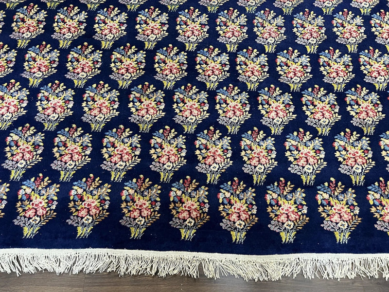 Persian Rug 9x12, Authentic Hand Knotted Carpet, Repeated Floral Motif Garden of Eden, Navy Blue Wool Rug 9 x 12, Semi Antique Kirman Rug by Jewel Rugs