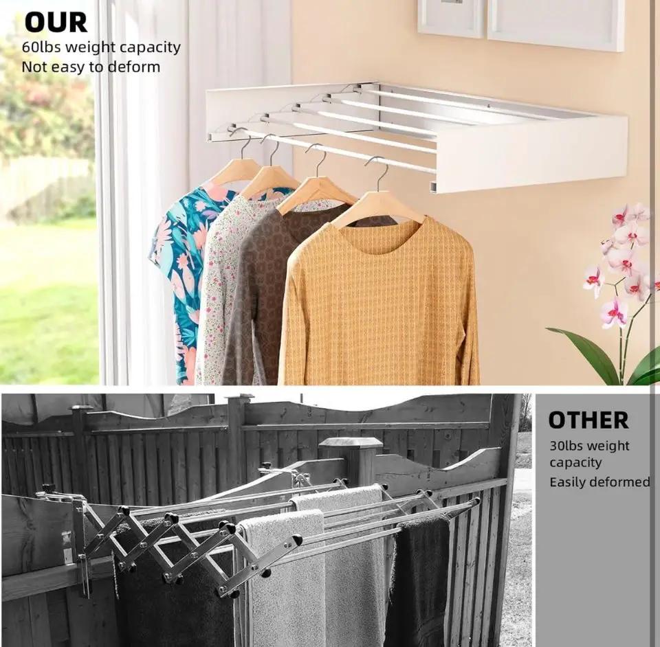 Open box ZMBESUP Laundry Drying Rack Collapsible, Wall Mounted, Clothes Drying Rack, 31.5" Wide, 13.2 Linear Ft, 5 Aluminum Rods, 60 lb Capacity, Laun by Selzalot