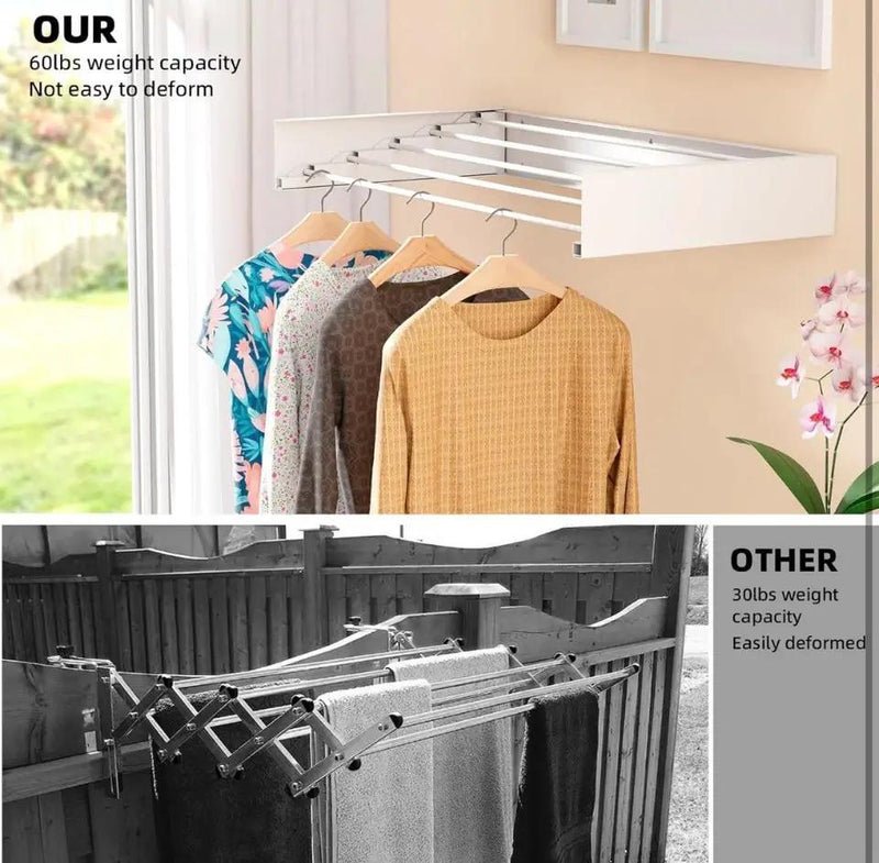 Open box ZMBESUP Laundry Drying Rack Collapsible, Wall Mounted, Clothes Drying Rack, 31.5" Wide, 13.2 Linear Ft, 5 Aluminum Rods, 60 lb Capacity, Laun by Selzalot