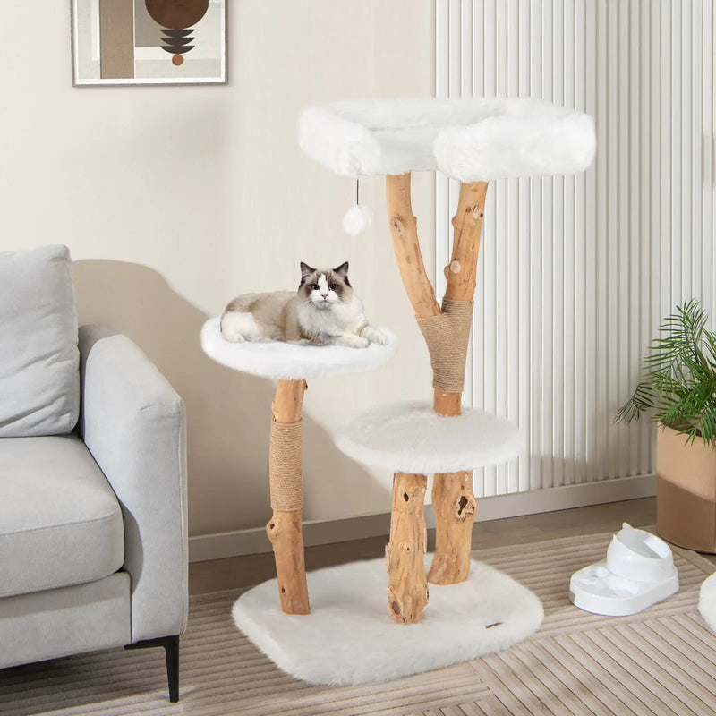 44 Inch Solid Wood Cat Tree with Perch and Natural Jute Scratching Posts-White by DirectDeals