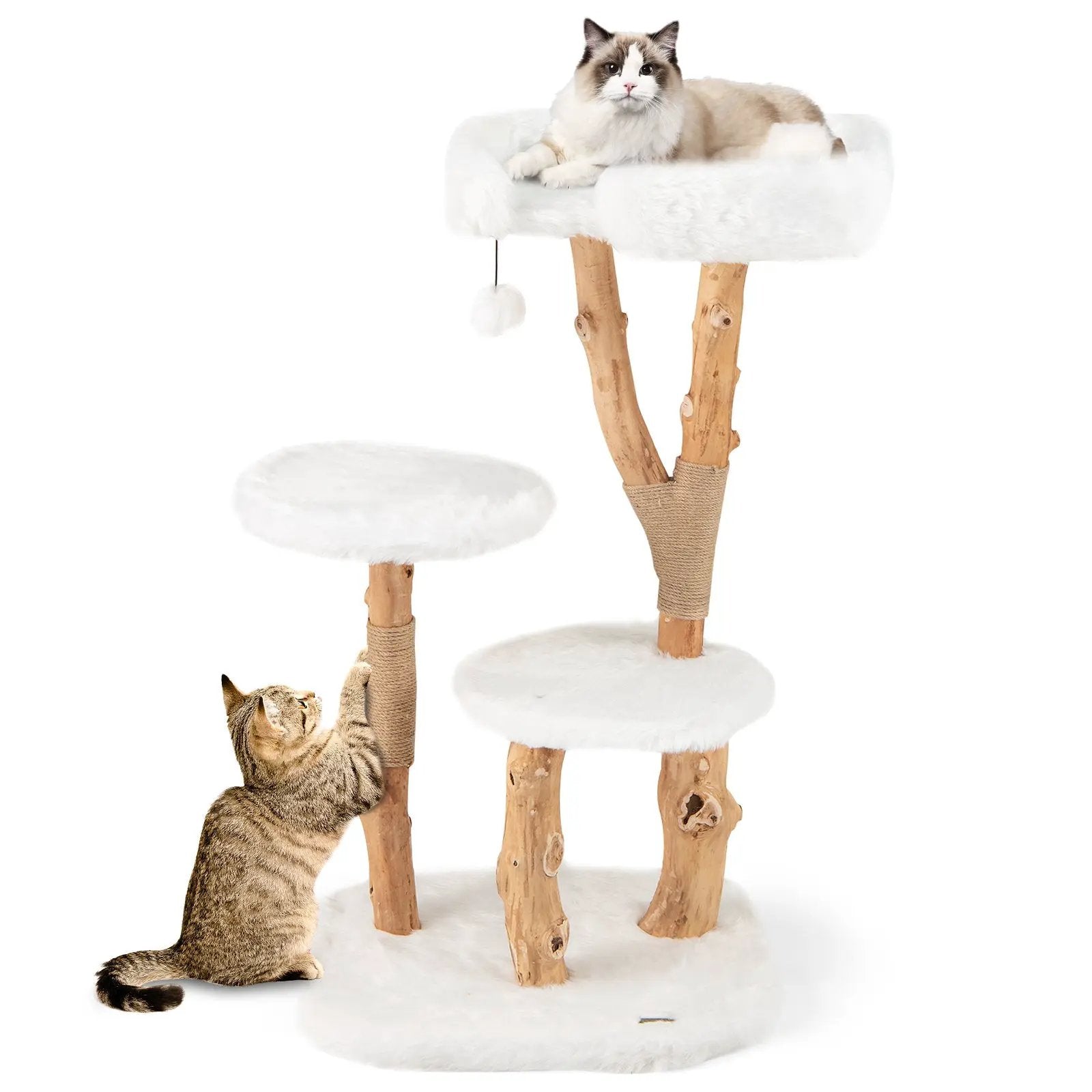 44 Inch Solid Wood Cat Tree with Perch and Natural Jute Scratching Posts-White by DirectDeals