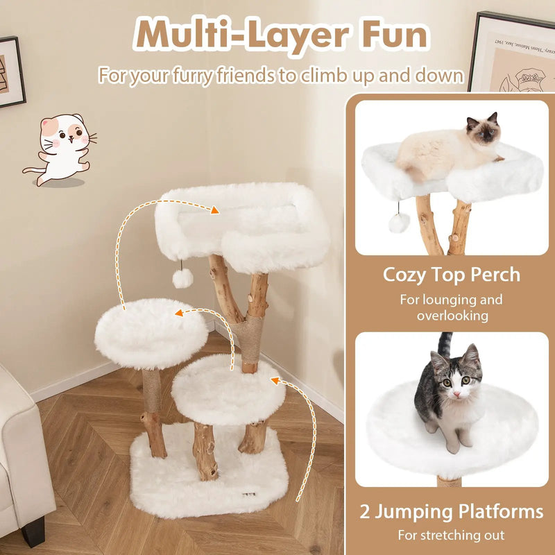 44 Inch Solid Wood Cat Tree with Perch and Natural Jute Scratching Posts-White by DirectDeals