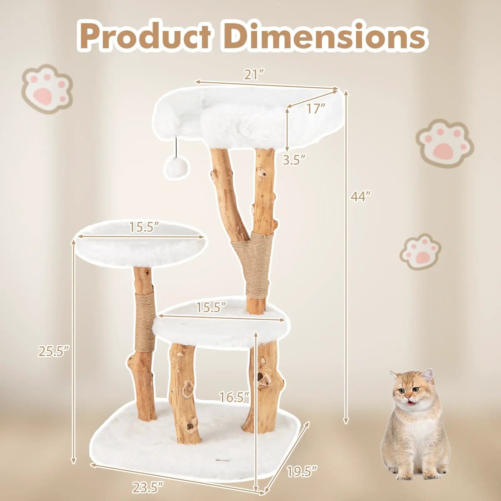 44 Inch Solid Wood Cat Tree with Perch and Natural Jute Scratching Posts-White by DirectDeals