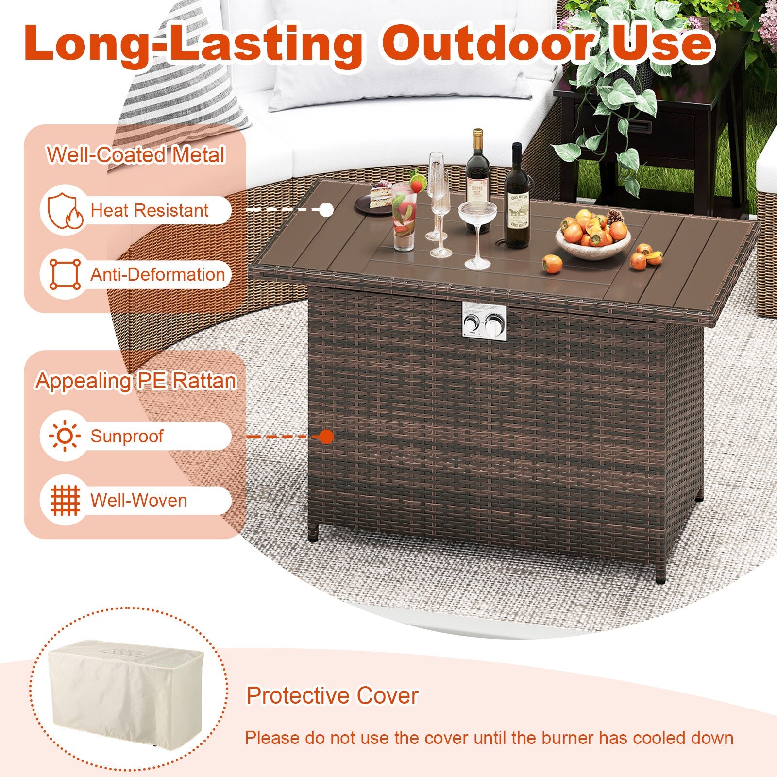 44.5 Inch Propane Fire Pit Table Rattan Gas 2-in-1 with Stainless Steel Burner by DirectDeals