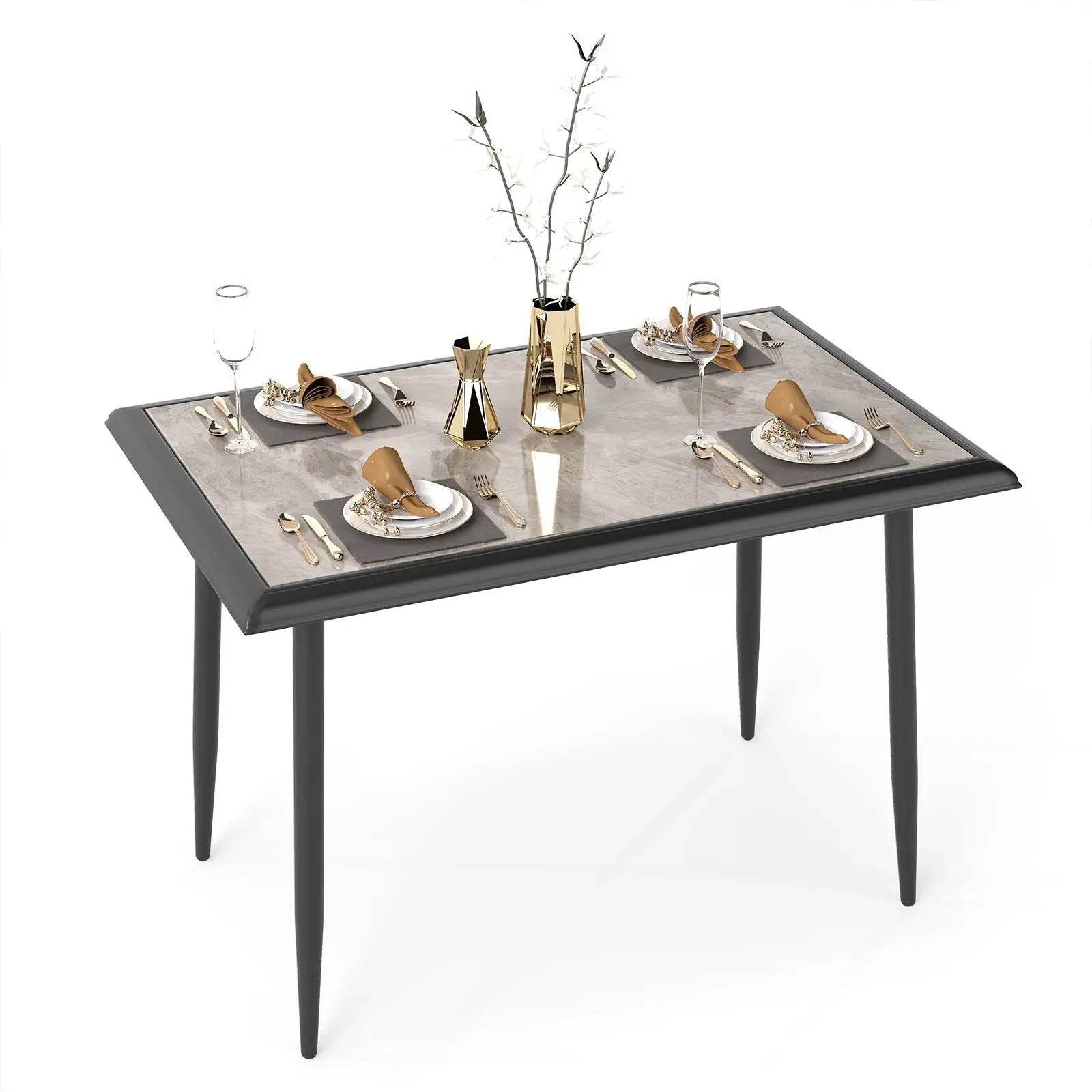 Sintered Stone Dining Table 44" Rectangular Kitchen Table with Metal Frame Indoor Modern Breakfast Table for Living Room Dining Room-Golden by DirectDeals