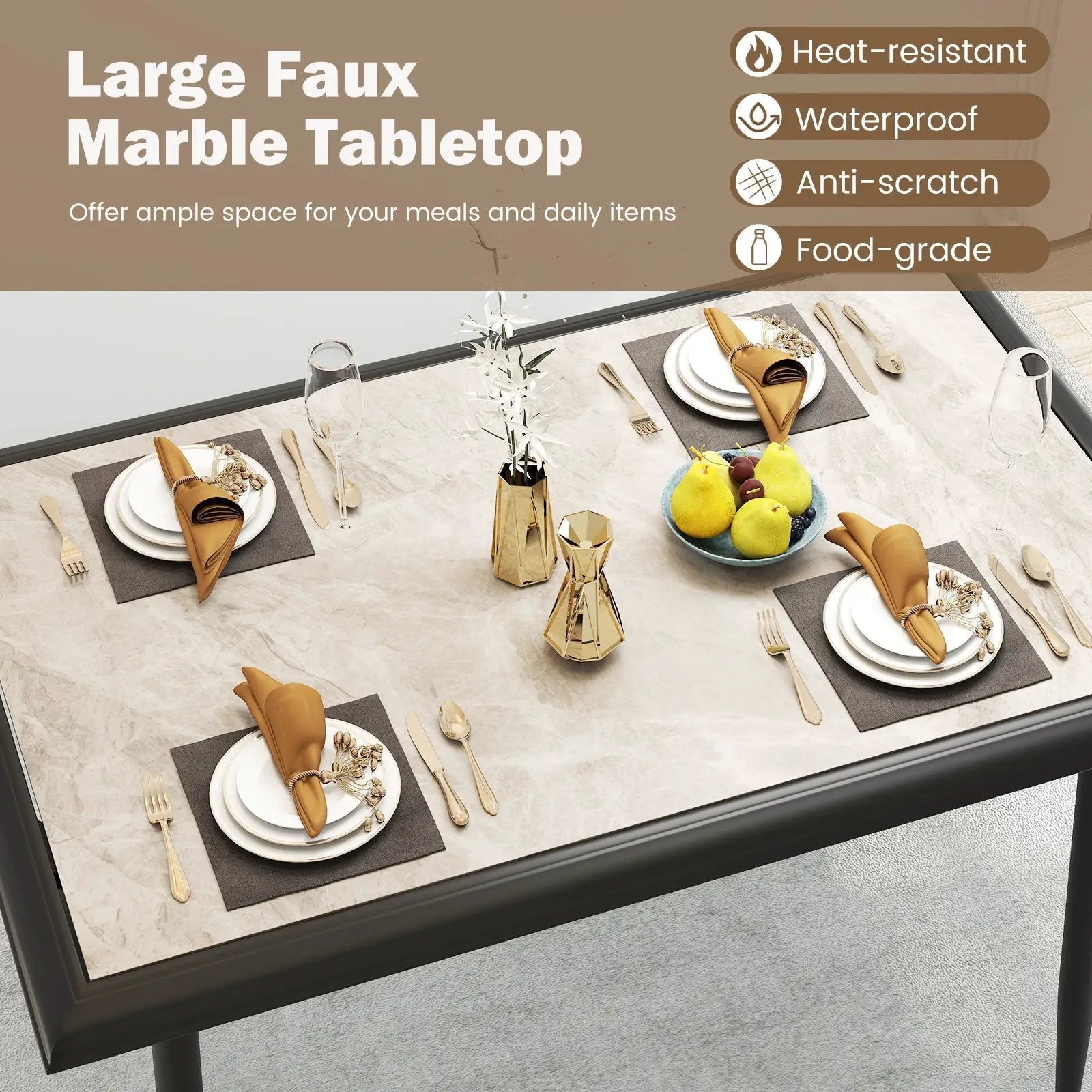 Sintered Stone Dining Table 44" Rectangular Kitchen Table with Metal Frame Indoor Modern Breakfast Table for Living Room Dining Room-Golden by DirectDeals