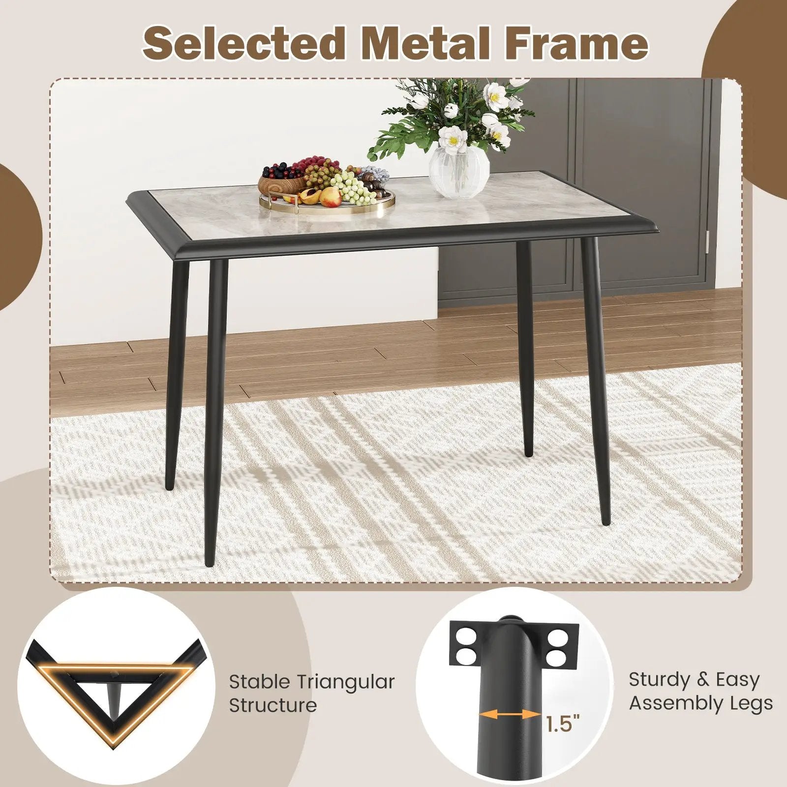Sintered Stone Dining Table 44" Rectangular Kitchen Table with Metal Frame Indoor Modern Breakfast Table for Living Room Dining Room-Golden by DirectDeals
