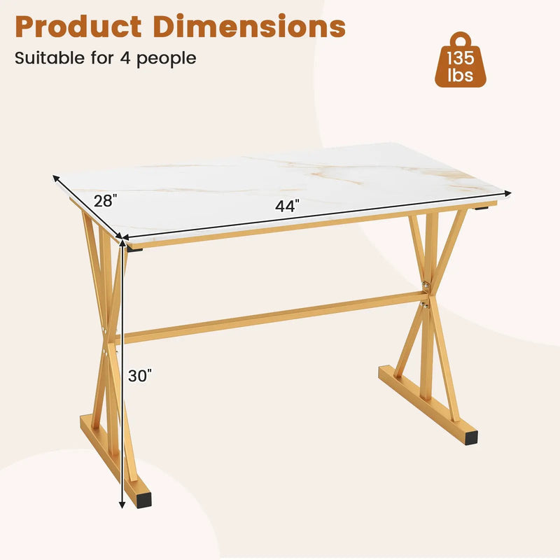 44 Inches Sintered Stone Dining Table with Metal Frame and Faux Marble Tabletop-White by DirectDeals