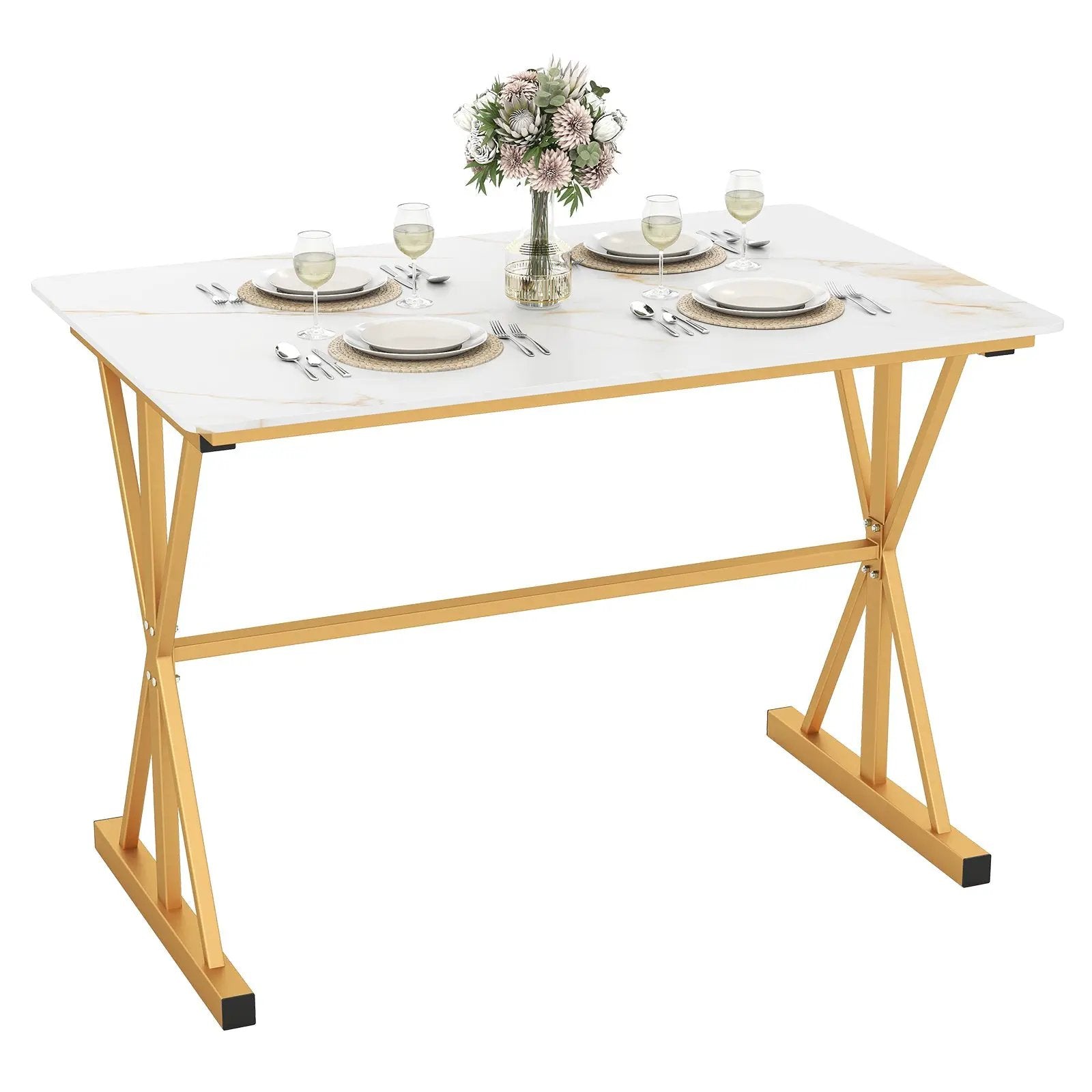 44 Inches Sintered Stone Dining Table with Metal Frame and Faux Marble Tabletop-White by DirectDeals