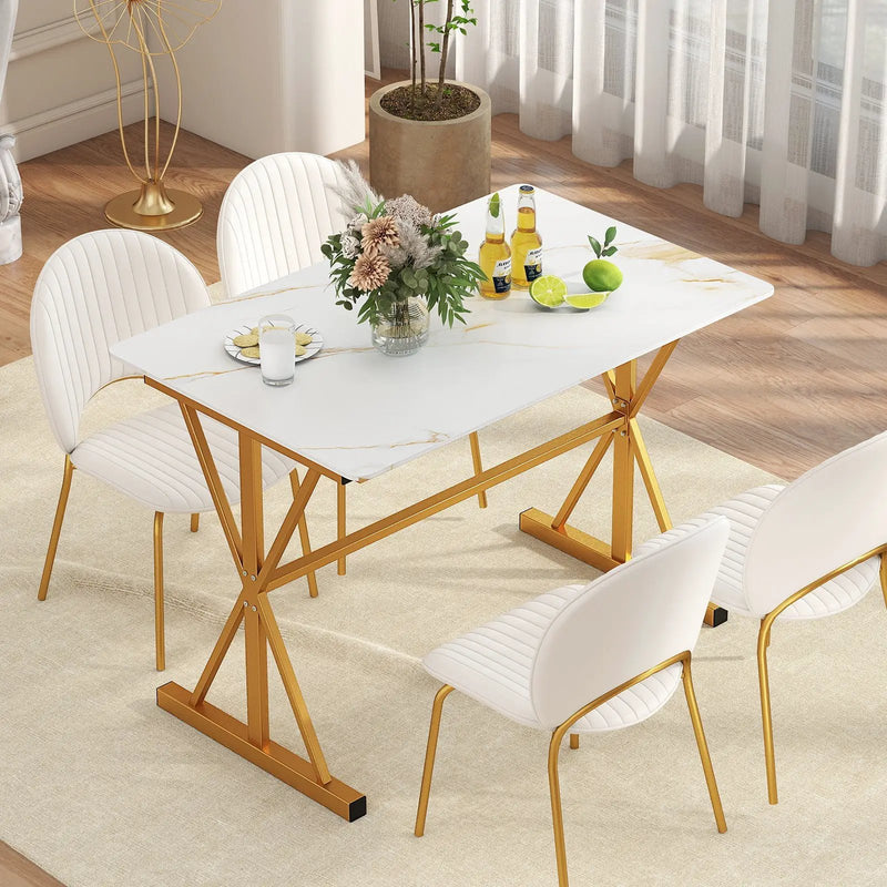 44 Inches Sintered Stone Dining Table with Metal Frame and Faux Marble Tabletop-White by DirectDeals