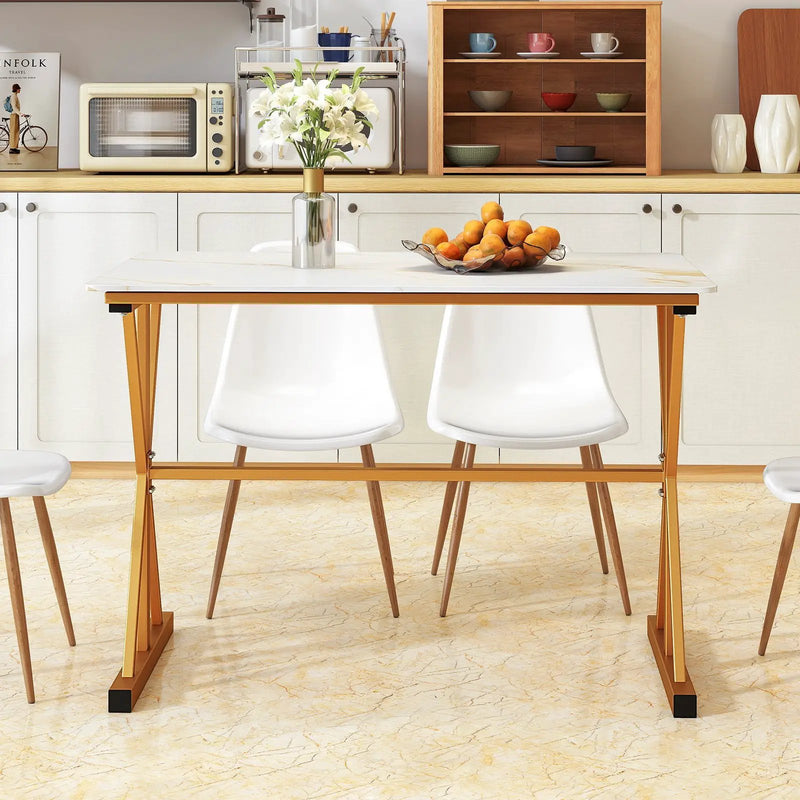 44 Inches Sintered Stone Dining Table with Metal Frame and Faux Marble Tabletop-White by DirectDeals
