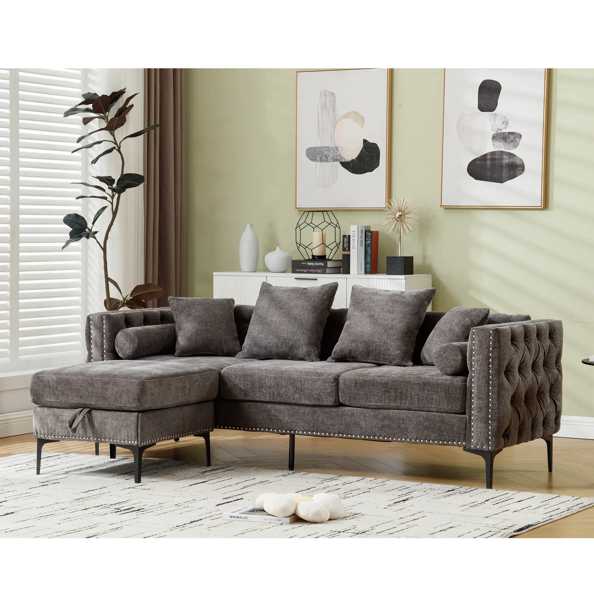 L Shaped Sectional Convertible Sofa with Storage Ottoman and Modern Tufted style by BLAKHOM