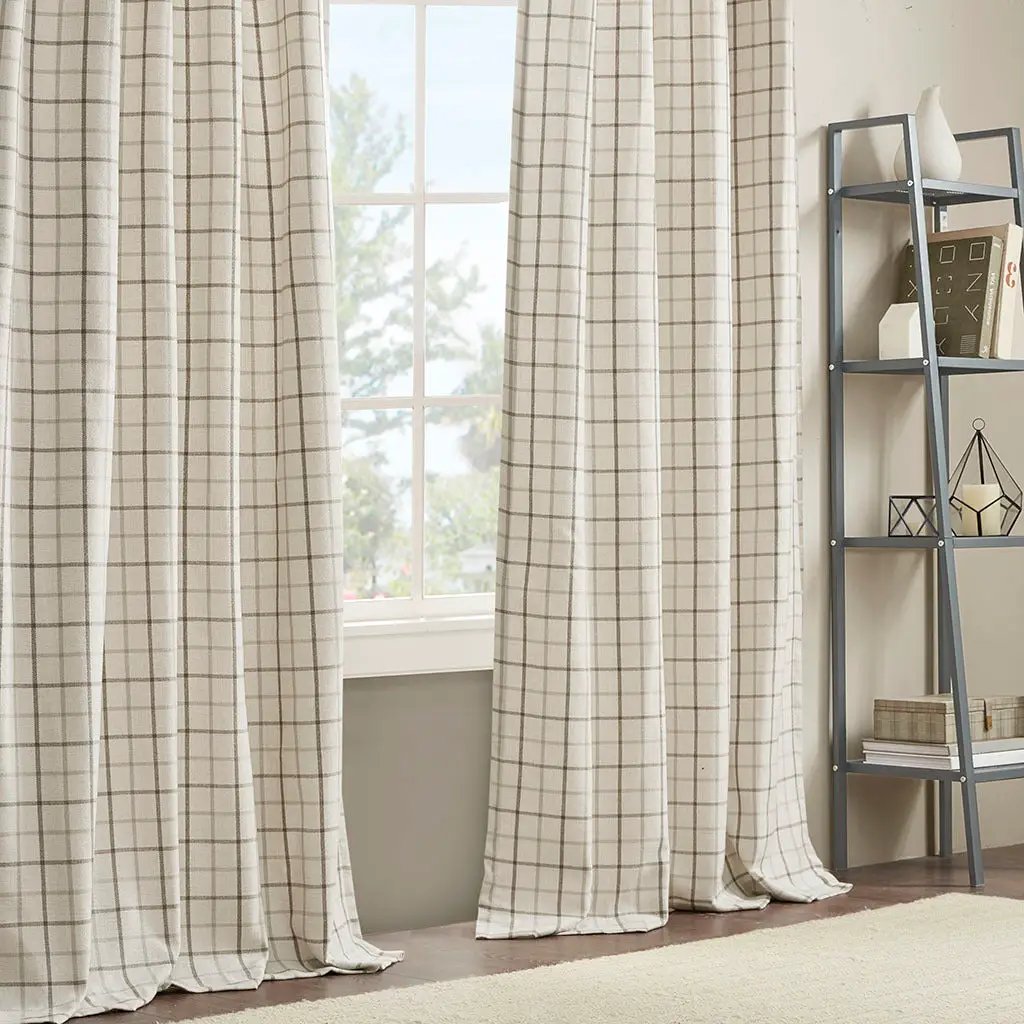 Plaid Rod Pocket and Back Tab Curtain Panel with Fleece Lining Natural 50x95 by HouseOfZazla