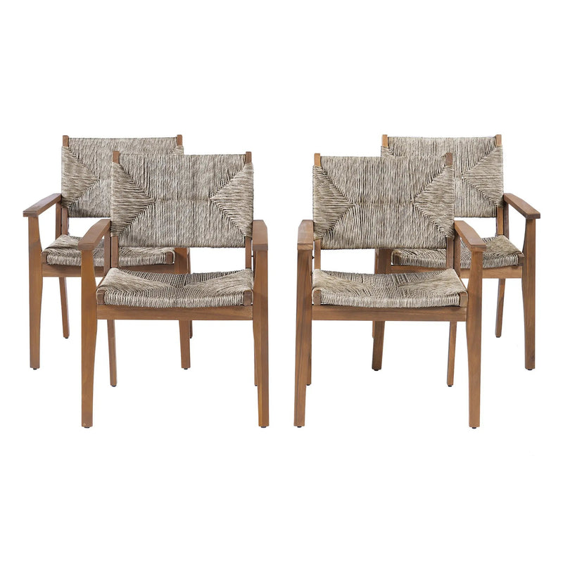 5-Piece Outdoor Dining Set: Brown Round Acacia Wood Table & 4 Brown Wicker Armchairs by HouseOfZazla
