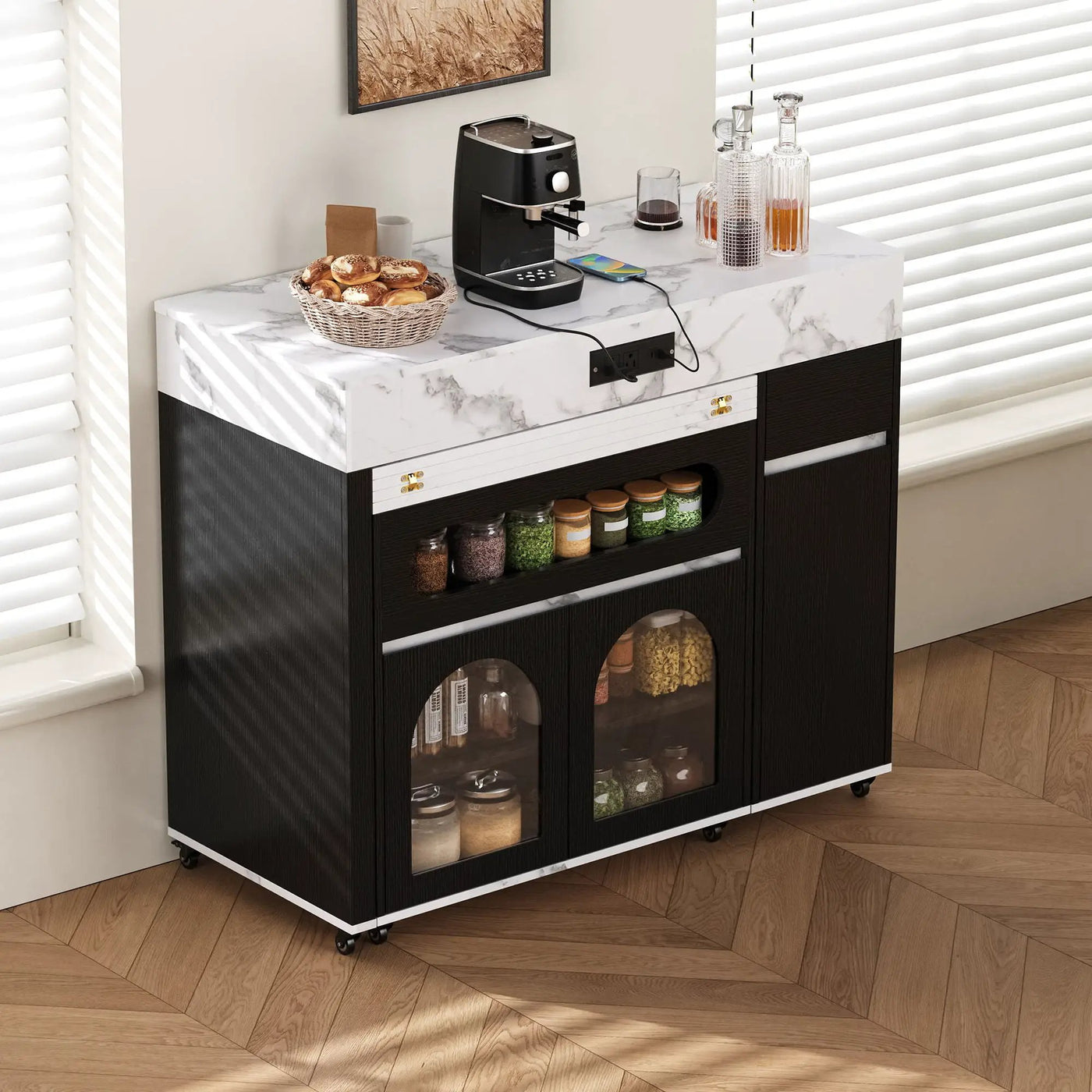 Extendable Dining Table With Folding Top, Rolling Kitchen Island With Drawers And Power Outlet by Unique Piece Furniture
