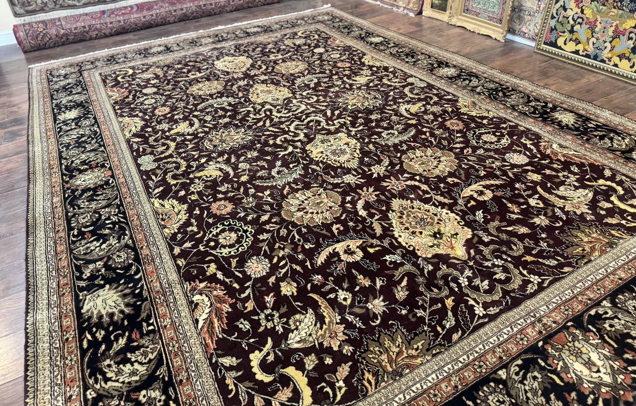 Indo Persian Rug 10x14, Floral Allover, Handmade Vintage Wool Rug, Dark Maroon/Plum and Black by Jewel Rugs