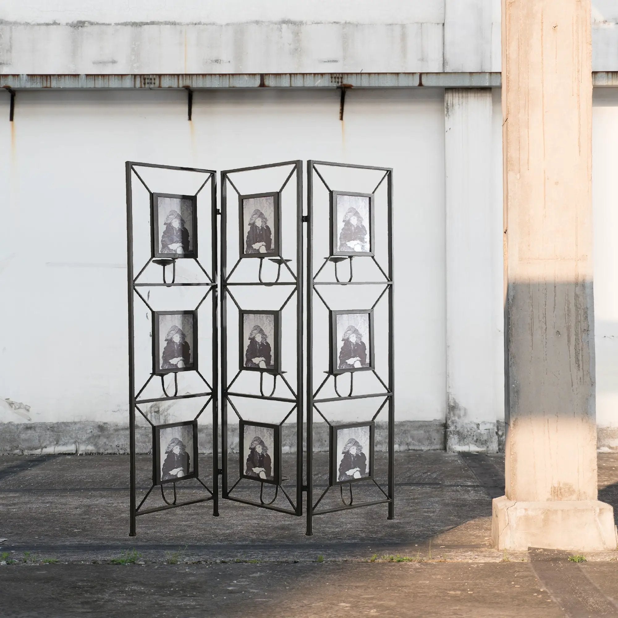 Room Photo Frames Screen Divider Screens, 3 Panel Decorative Screen With Photo Frames, Antique Mirror, Candle Stick - Black by Unique Piece Furniture