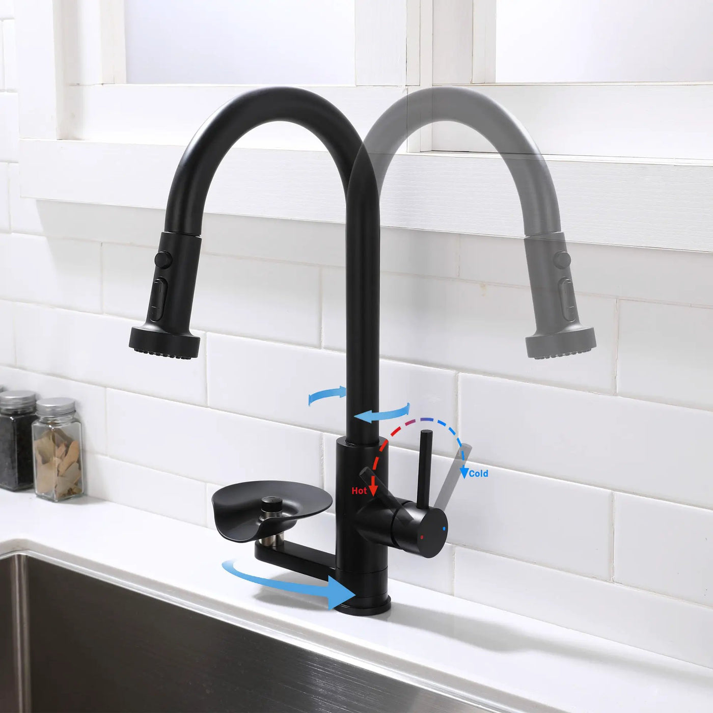 3 In 1 Kitchen Faucet With Press Type Glass Rinser, High Arc Pull Down Sprayer by HouseOfZazla
