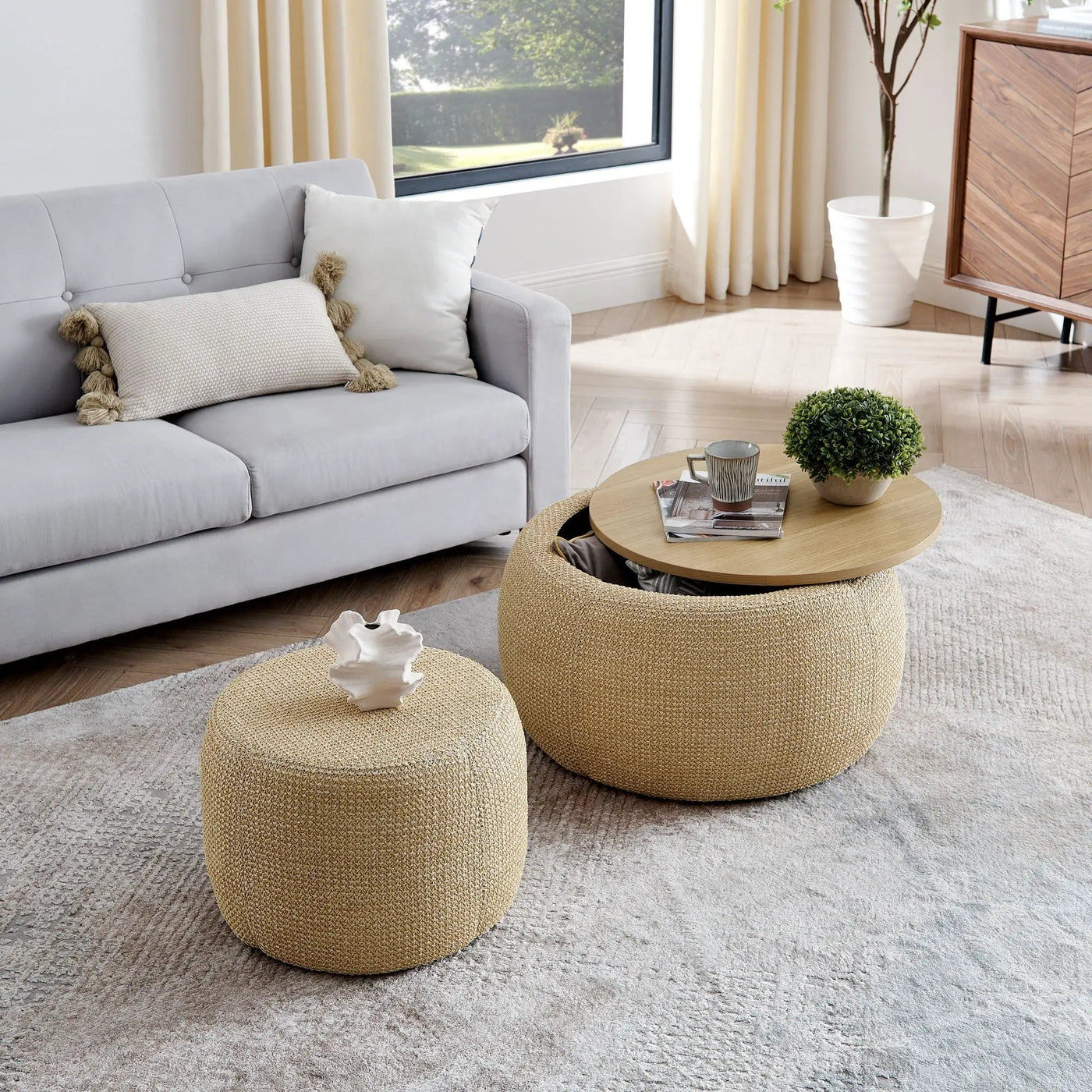 Round Storage Ottoman, 2 In 1 Function, End Table And Ottoman by Unique Piece Furniture
