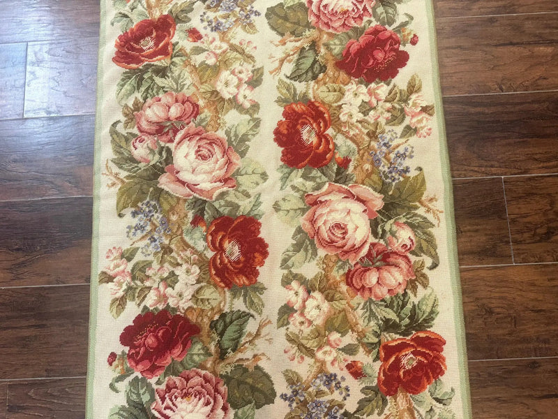 Small Needlepoint Rug 2.8 x 4.7, Floral, Vintage by Jewel Rugs