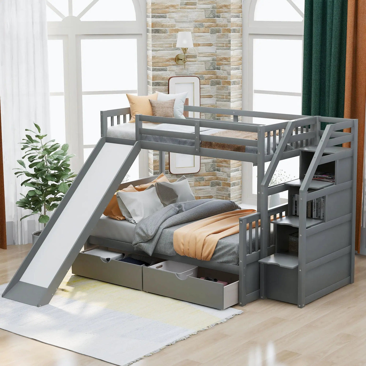 Bunk Bed With Storage Staircase, Slide, Desk, Drawers, And Shelves by Unique Piece Furniture