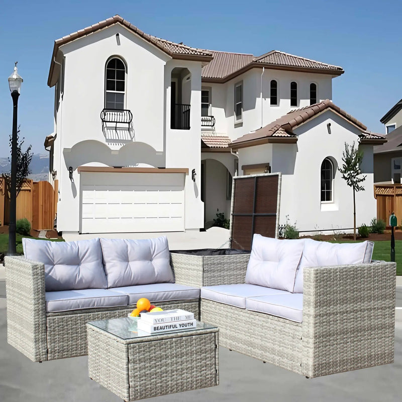 4 Piece Patio Sectional Wicker Rattan Outdoor Furniture Sofa Set with Storage Box Grey by HouseOfZazla
