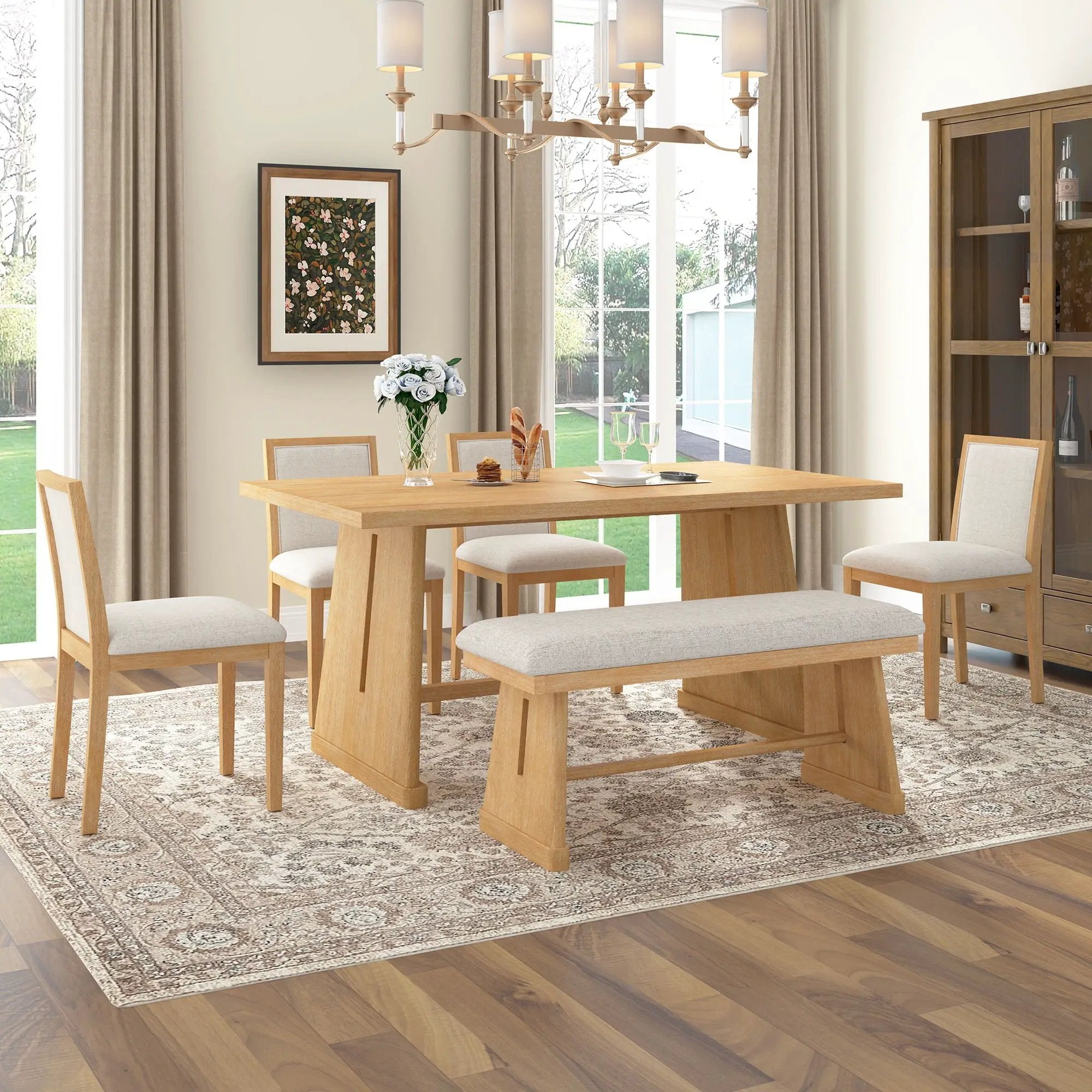 Dining Set With Rectangular Table, 4 Upholstered Chairs & 1 Padded Bench by HouseOfZazla