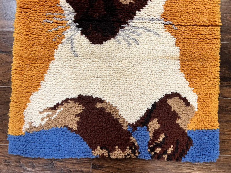 Small Shag Rug with Siamese Cat Pictorial, 2x3 ft Rug, Wool, Vintage, Danish Rya Shag Rug, Orange by Jewel Rugs