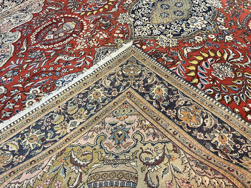 Wonderful Persian Qum Rug 10x14, Wool w/ Silk Highlights, Hand Knotted Semi Antique Vintage Carpet, Red, Floral, Fine Weave, Birds Deer Pictorials by Jewel Rugs