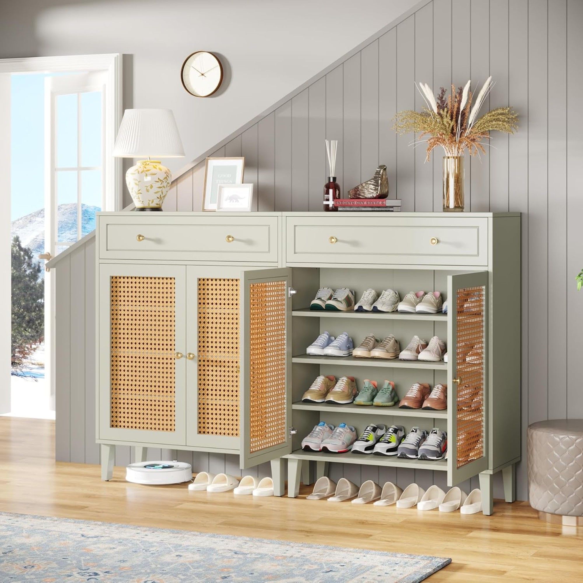 Shoe Cabinet With Rattan Doors And Drawer, 4 Tier Storage Organizer - Mint Green by HouseOfZazla
