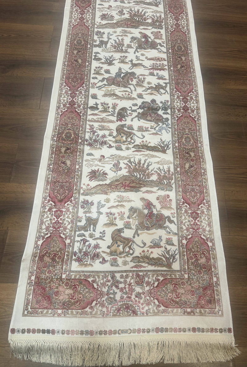 Long Turkish Silk Runner Rug 2.6 x 16.5, Hunting Design, Ivory, Bamboo Silk, New by Jewel Rugs