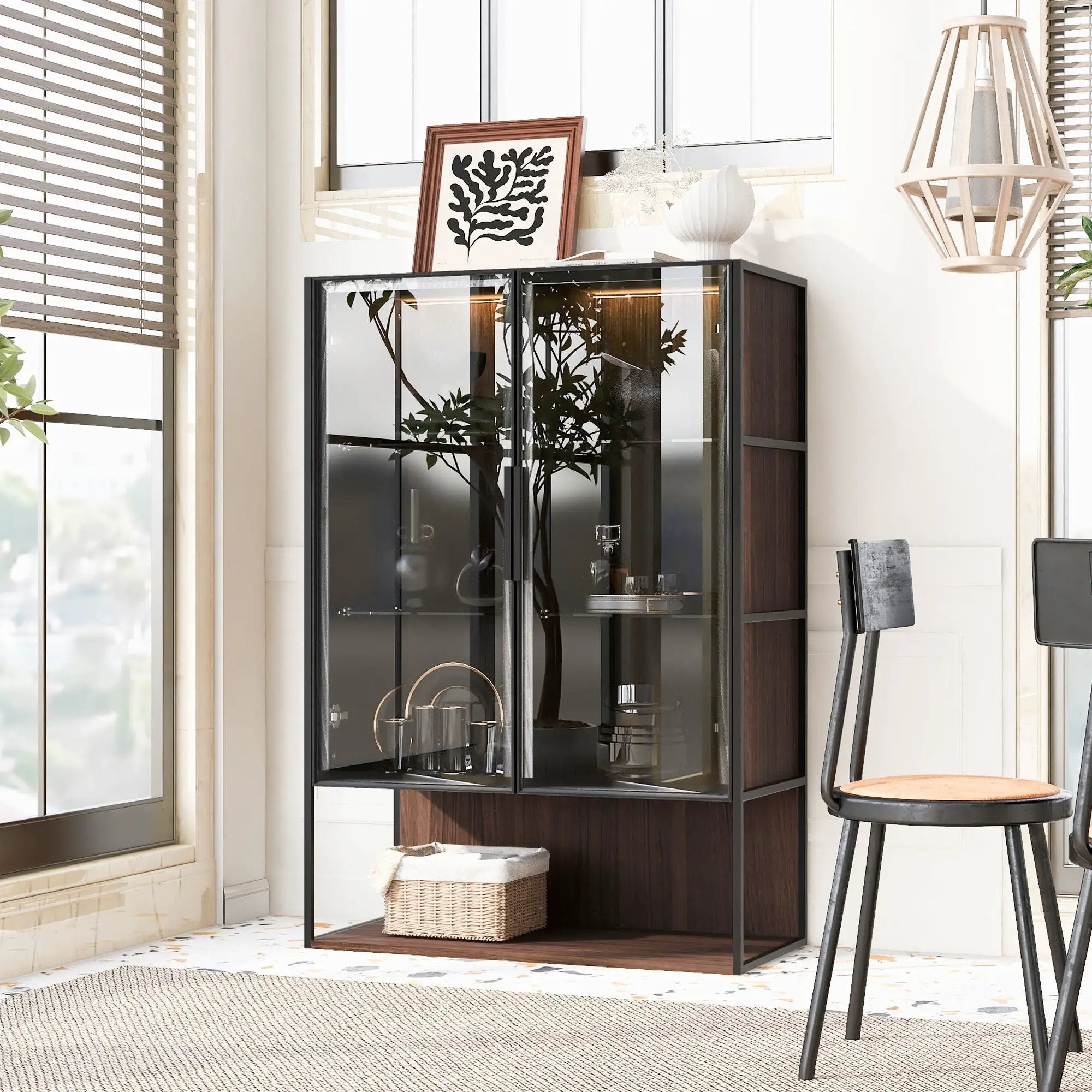 Modern Minimalist Tall Lighted Display Cabinet With Tempered Glass Door - Black / Dark Walnut by Unique Piece Furniture