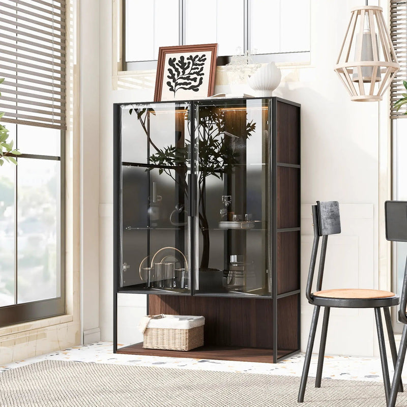 Modern Minimalist Tall Lighted Display Cabinet With Tempered Glass Door - Black / Dark Walnut by HouseOfZazla