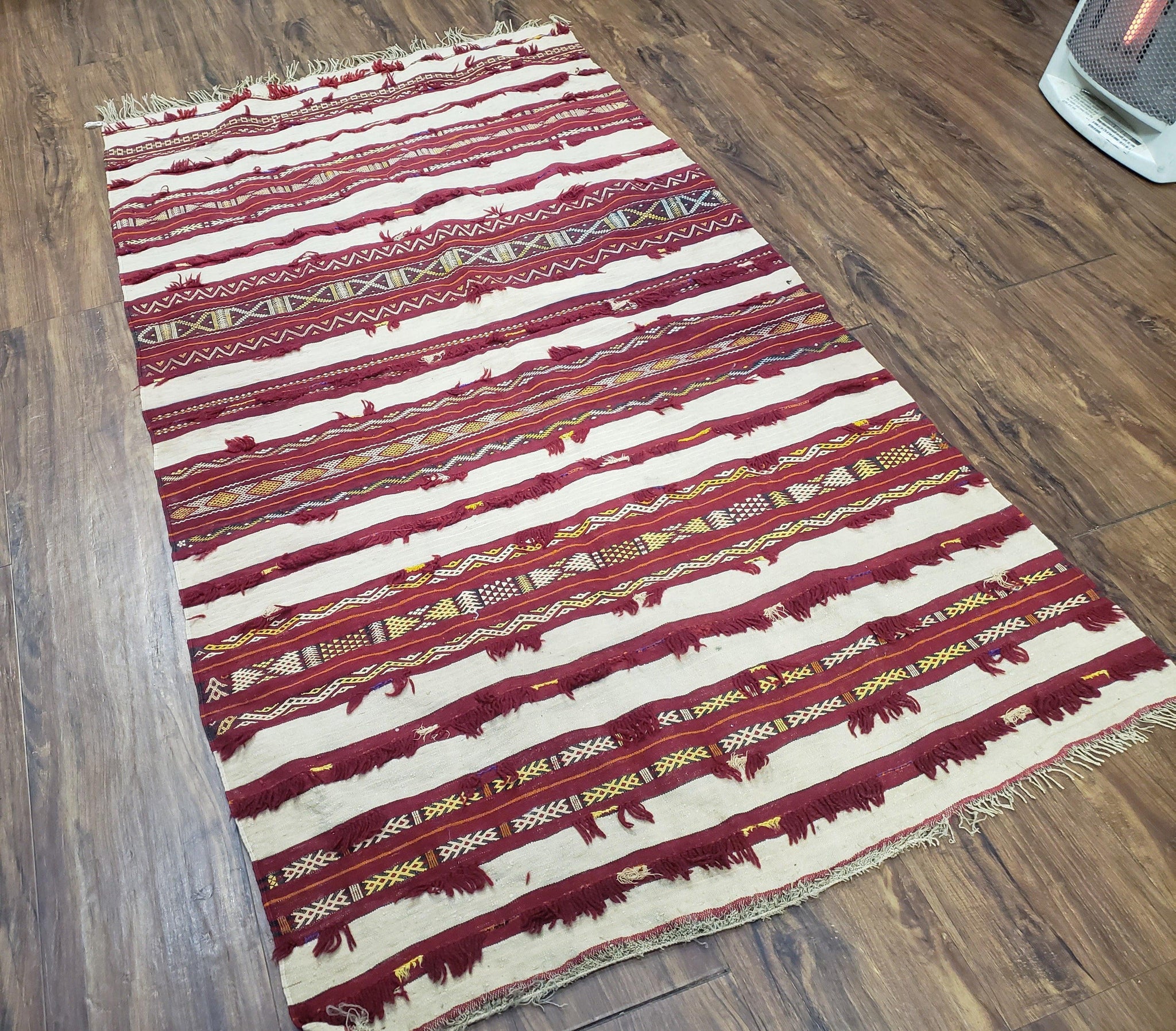 Antique Turkoman Yamud Rug 3x5 ft, 1920s Turkmen Sofreh Table Cover, Bohemian Rug, Tribal Collectible, Striped Rug, Handmade Ivory and Red by Jewel Rugs