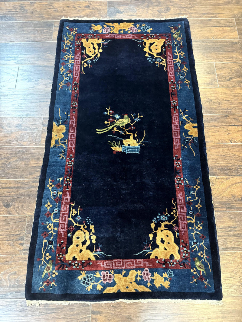 Antique Chinese Peking Rug 3x6, Dark Blue, Bird Motif, Handmade Wool Art Deco Asian Oriental Carpet, Pair A by Jewel Rugs