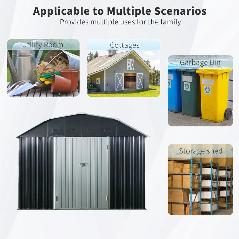 10 Ft X 12 Ft Outdoor Metal Storage Shed With Arch Roof With Lockable Doors For Backyard Garden Patio Lawn - Black by HouseOfZazla
