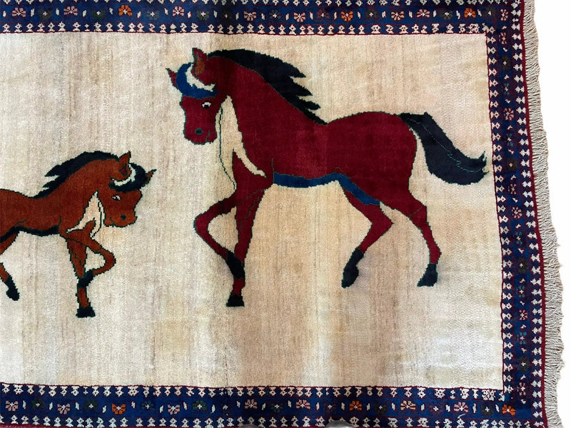 3.5 X 5 Handmade Hand-Knotted Quality Wool Pictorial Brown Horses Animal Rug by Jewel Rugs