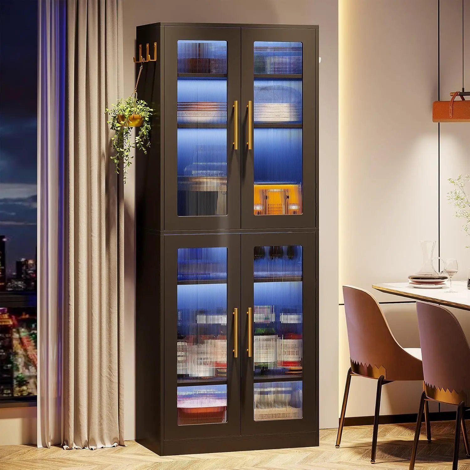 Bookcase With Doors And LED Lighting, 8 Adjustable Shelves Storage Cabinet