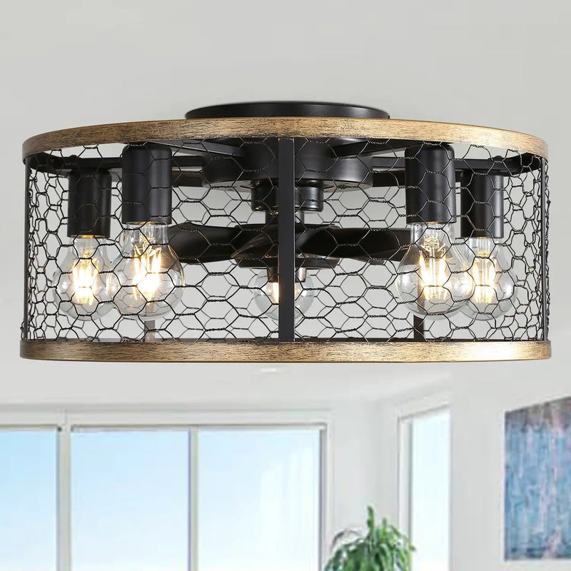 20" Industrial Caged Ceiling Fan, With 7 - ABS Blades Remote Control Reversible DC Motor, Small Flush Mount Ceiling Fan For Farmhouse - Black by Unique Piece Furniture