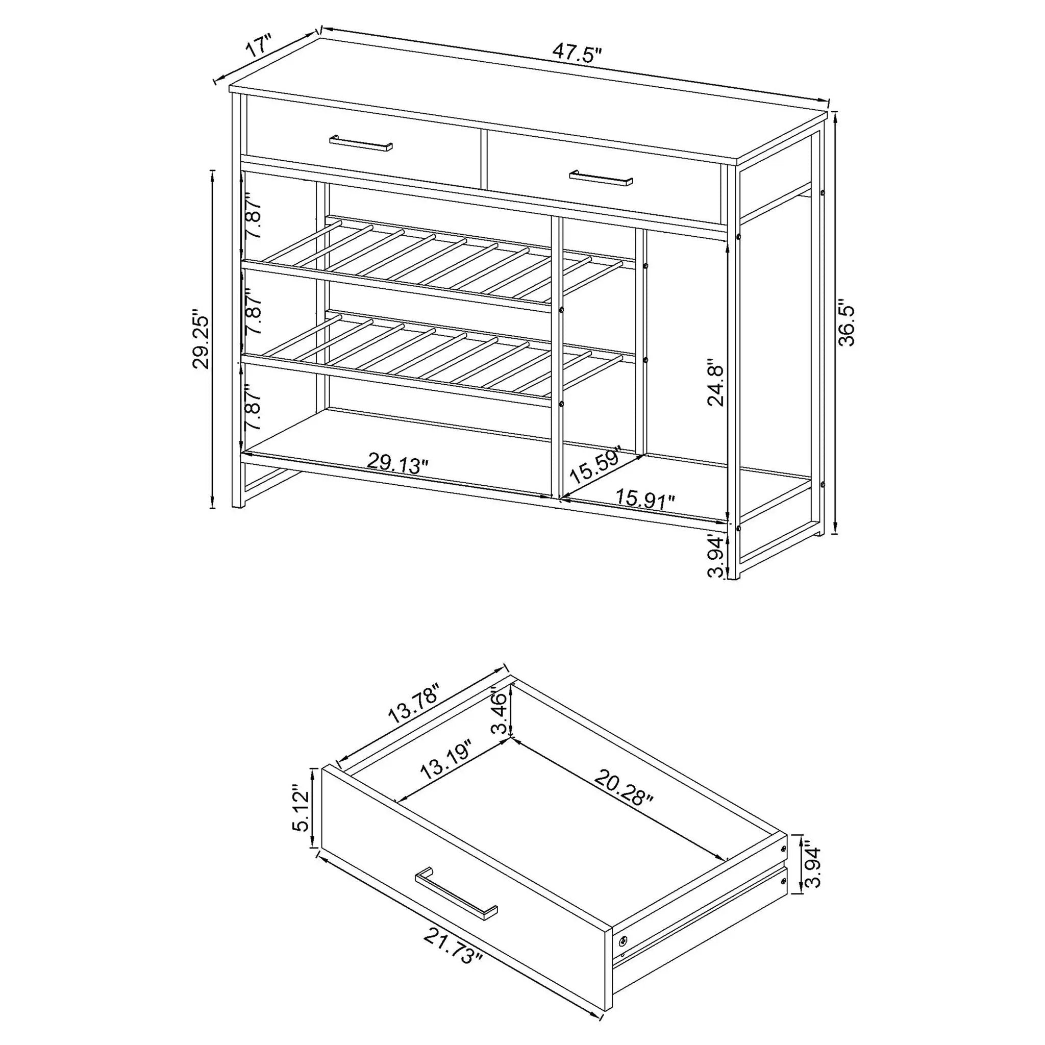 Ethel - 2 Drawer Home Bar Storage With Wine Rack - Oak by HouseOfZazla