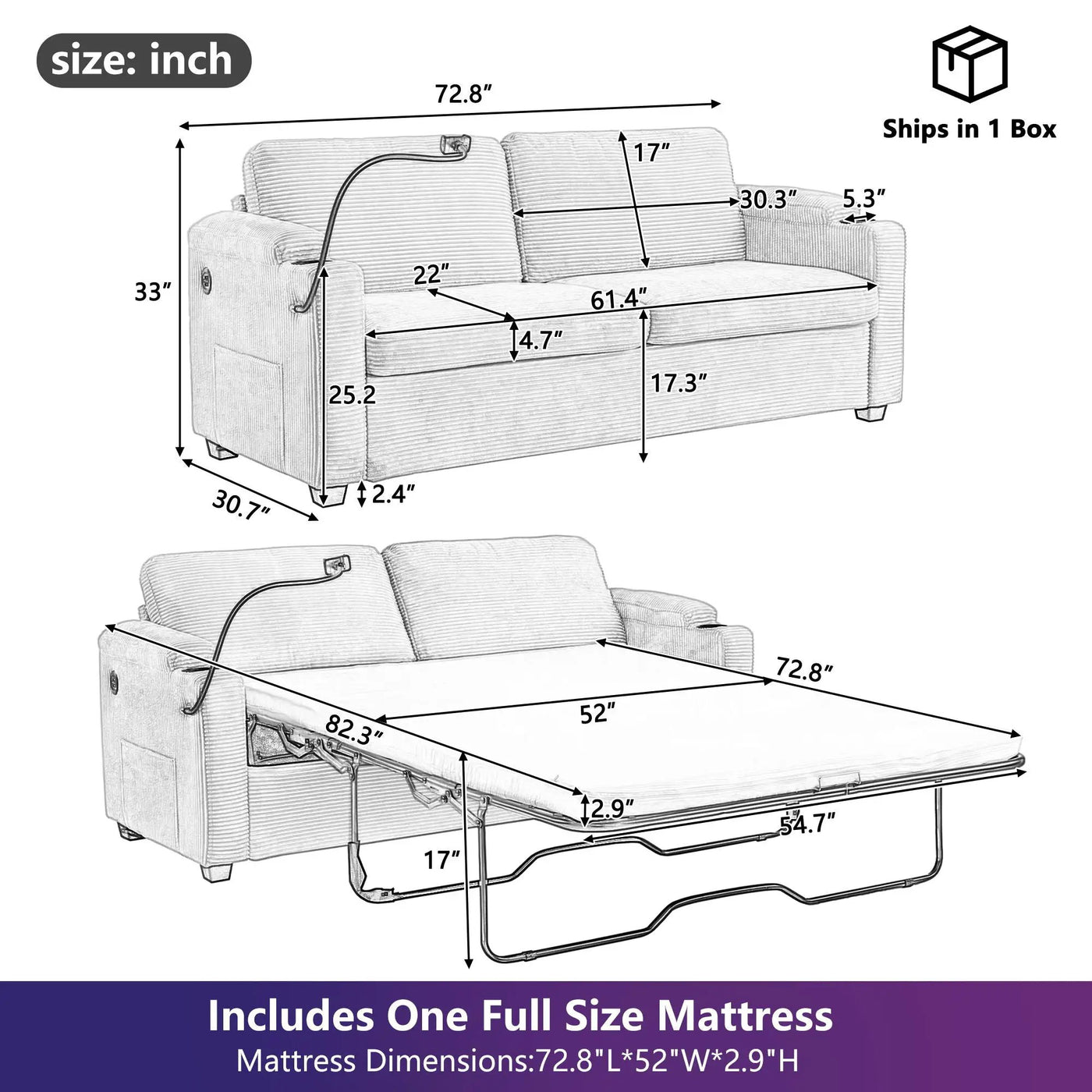 Sleeper Sofa Loveseat Sofa With Full Size Mattress, 2 USB Ports, 2 Cup Holders, 2 Side Pockets And Phone Holder by HouseOfZazla