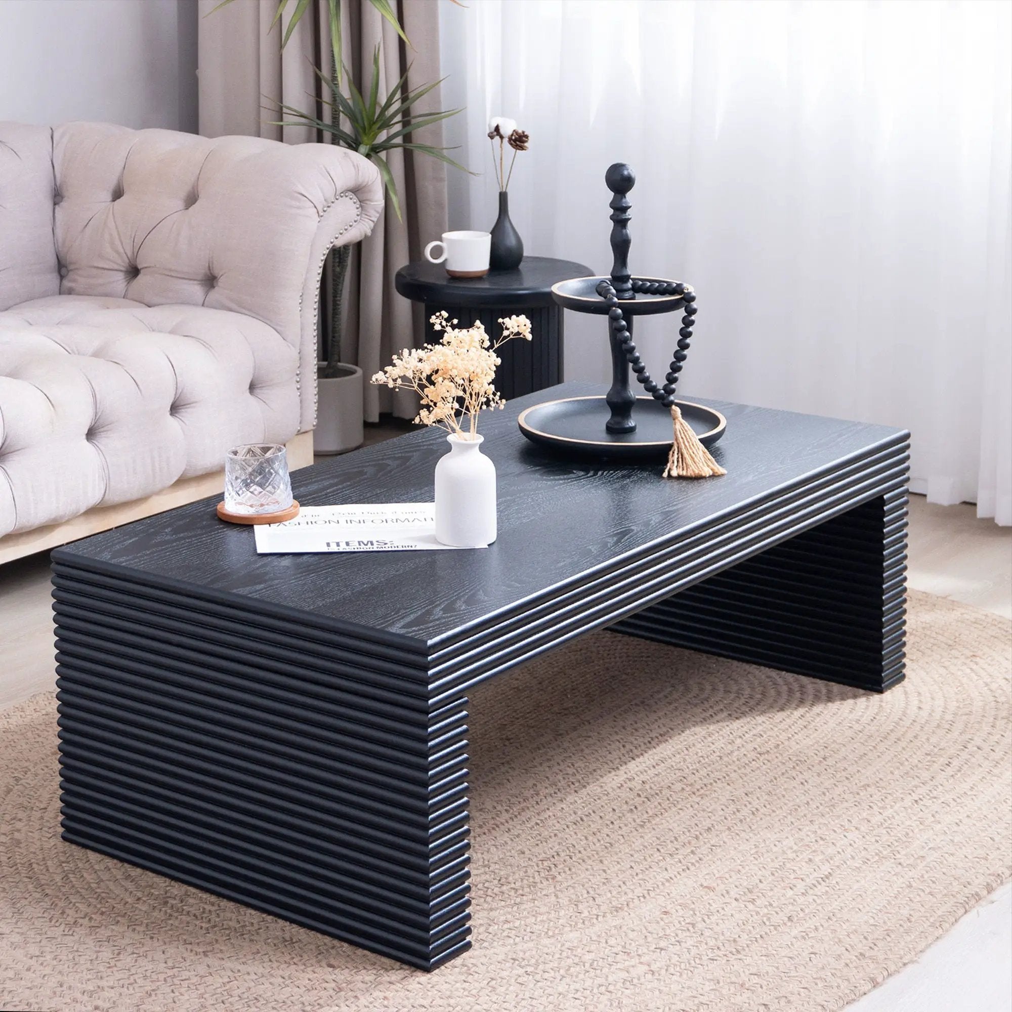 Modern Ribbed Coffee Table, Rectangular Low Profile Center Table For Living Room - Black by Unique Piece Furniture