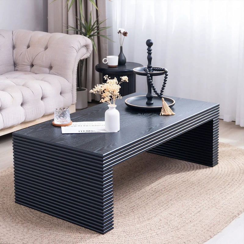 Modern Ribbed Coffee Table, Rectangular Low Profile Center Table For Living Room - Black by Unique Piece Furniture