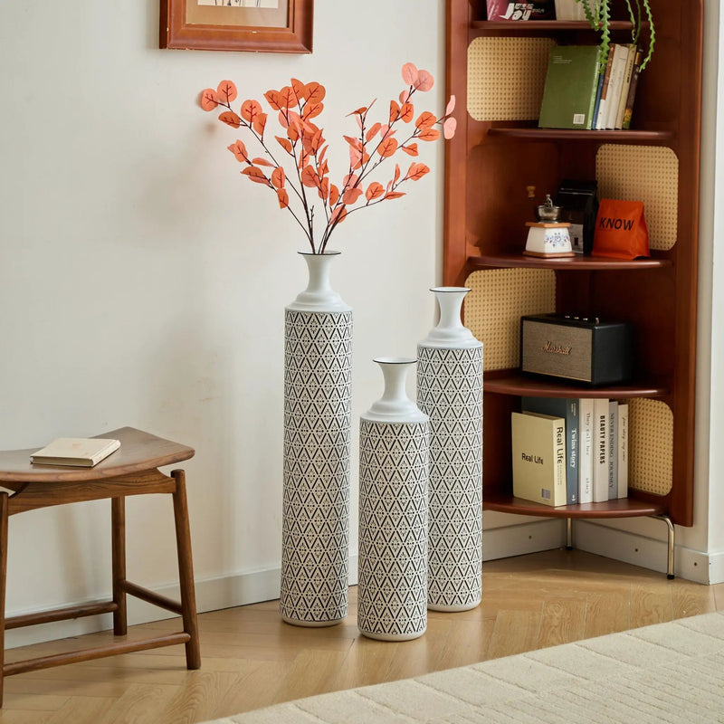 Modern Floor Vase Set Metal Vases With Geometric Pattern, 3 Piece Home Decor Set - White / Black by Unique Piece Furniture