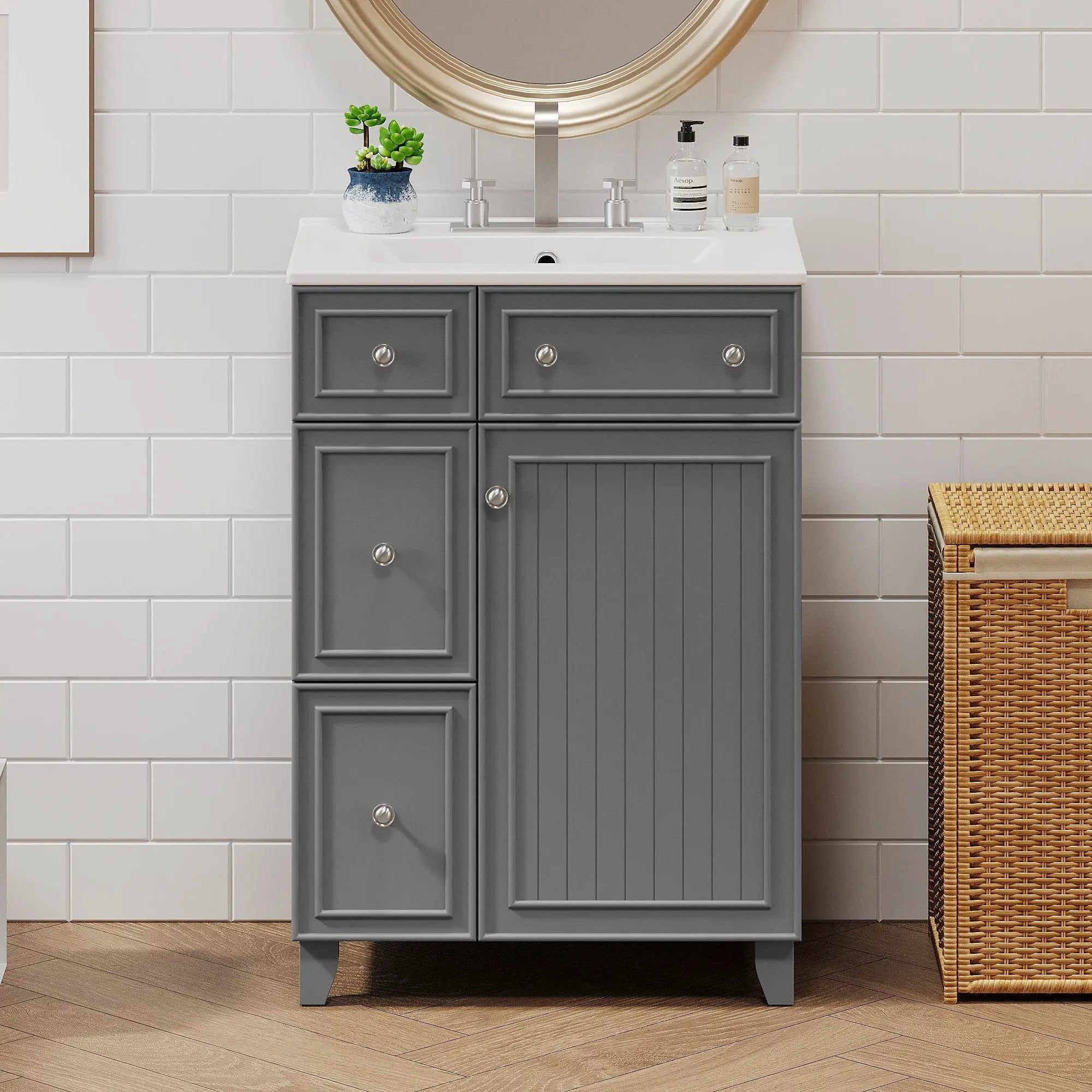 Transitional Style Bathroom Vanity Cabinet With Ceramic Sink by Unique Piece Furniture