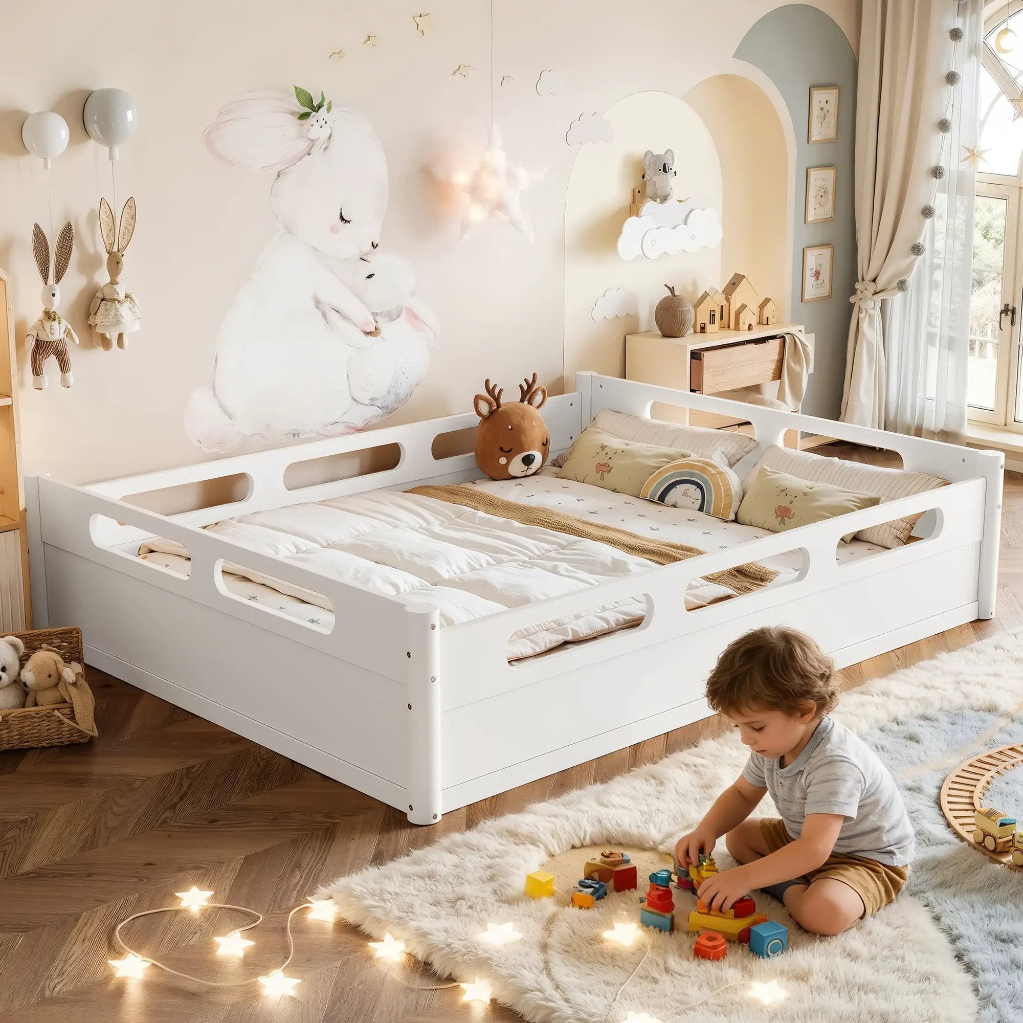 Queen Size Floor Platform Bed with Guardrails by HouseOfZazla