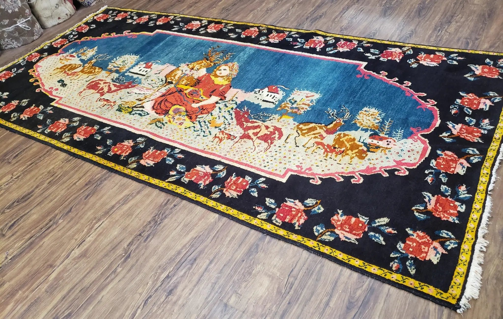 Antique Persian Pictorial Rug 4'6" x 9', Wool Hand-Knotted Blue Roses Karabagh Caucasian Carpet, 1920s Girl Deer Tapestry Wall Hanging Rug by Jewel Rugs