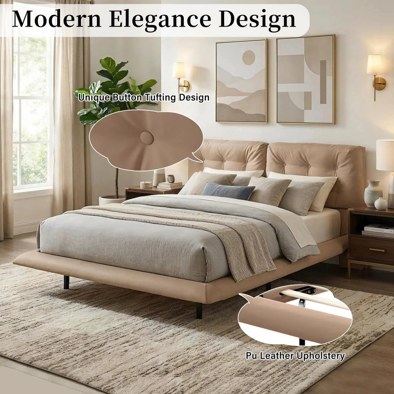 Queen Size Upholstered Floating Bed Frame with LED Lights, Khaki by HouseOfZazla